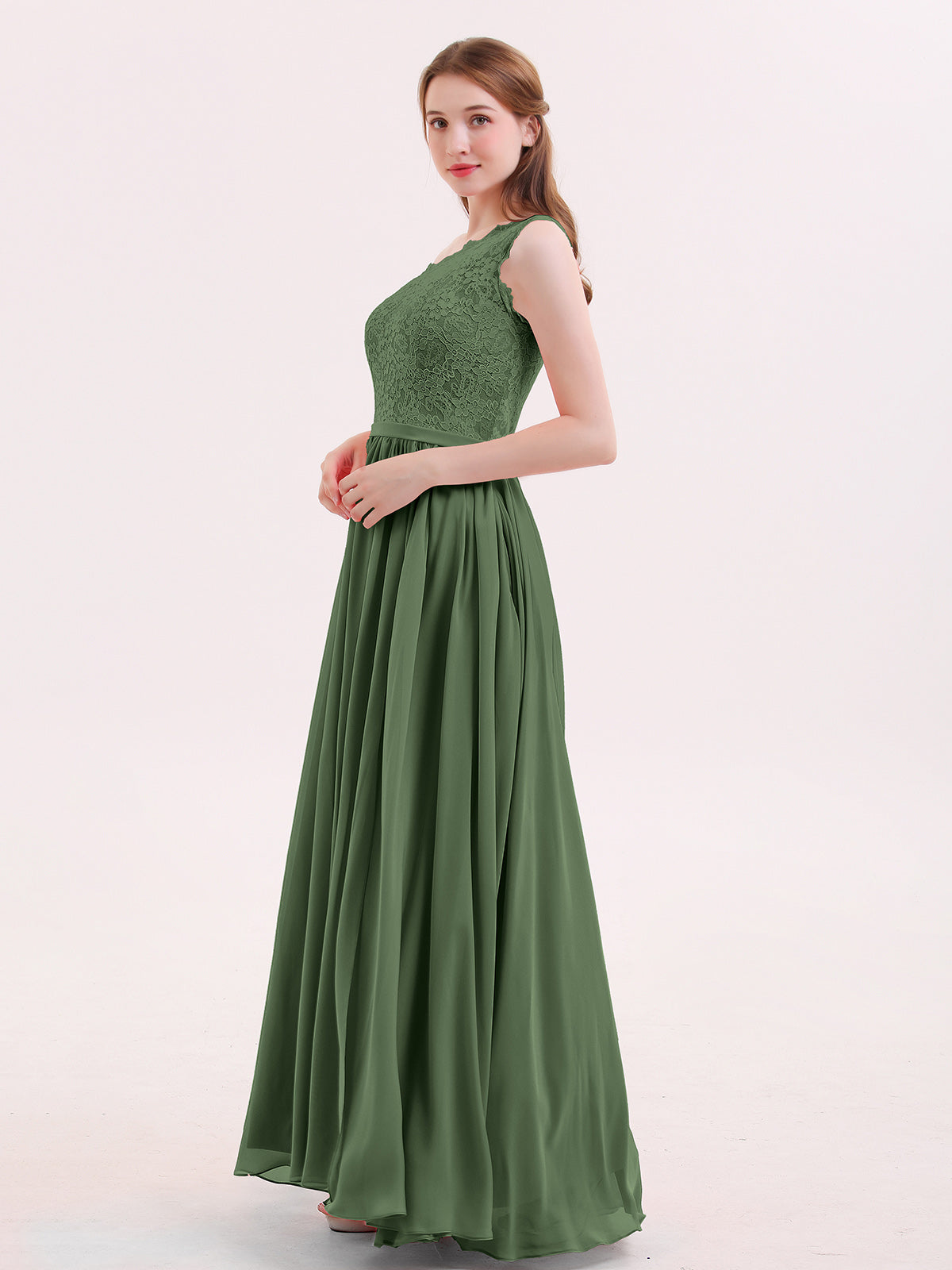 One Shoulder Lace and Chiffon Dresses Olive Green